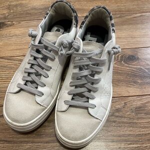 P448 Women's Low-Top Sneakers in White and Light Gray with Leopard Trim